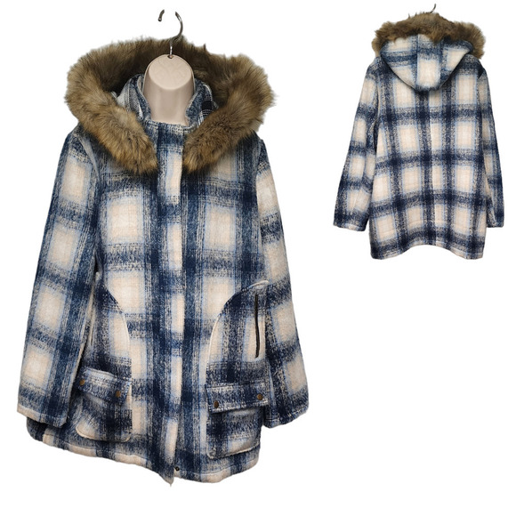JustFab Plaid Hooded Faux Wool Coat/Jacket. Blue Size XXL - Picture 2 of 12